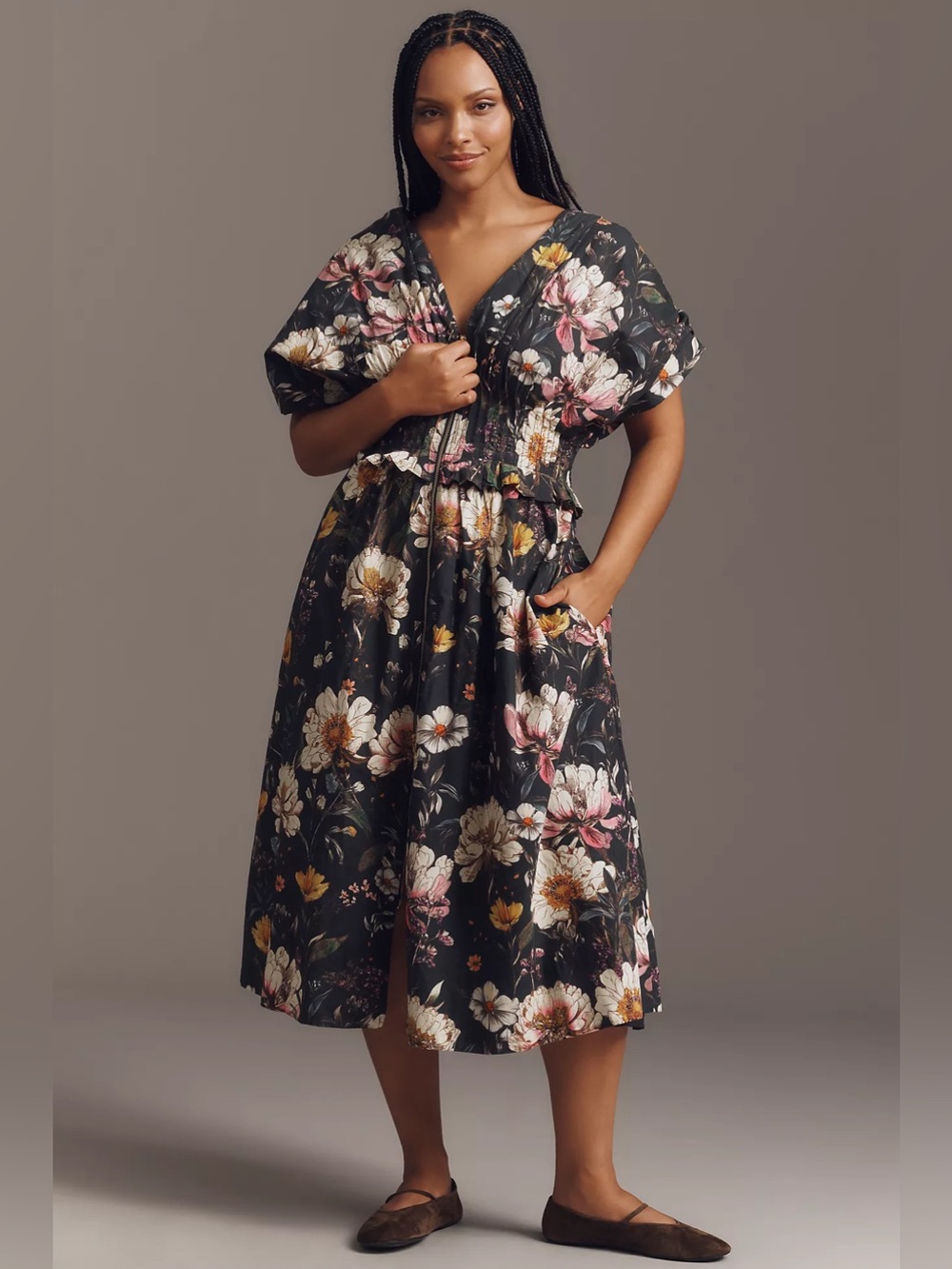 By Anthropologie V-Neck Zip-Front Midi Dress Size SP - Picture 4 of 11